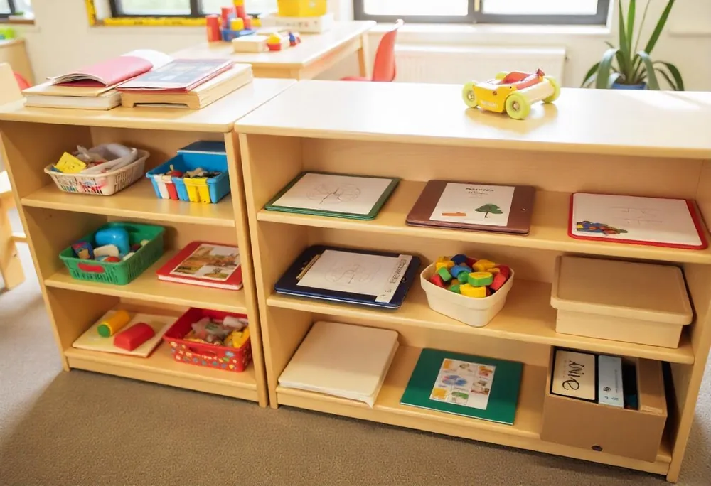 Natural wooden Montessori low shelf unit